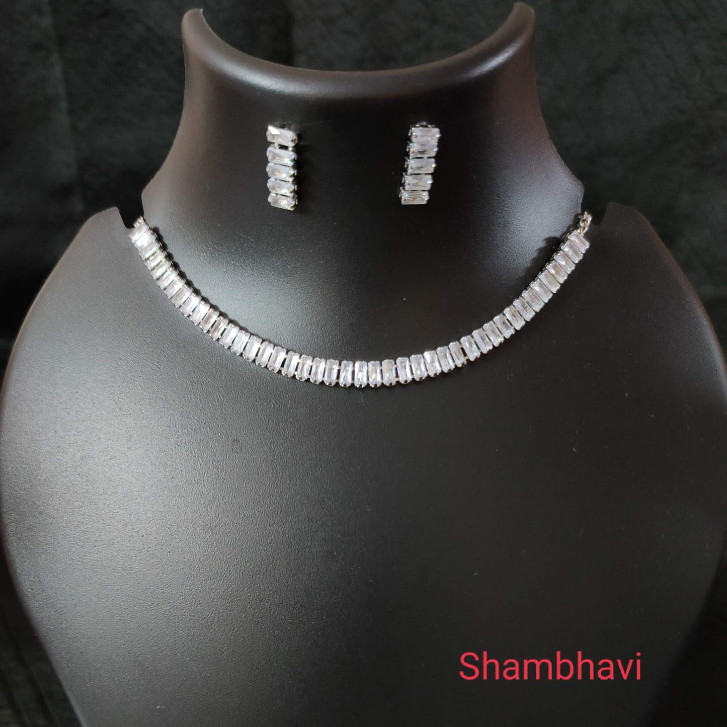 Silver Crystal Necklace Set with Matching Stud Earring