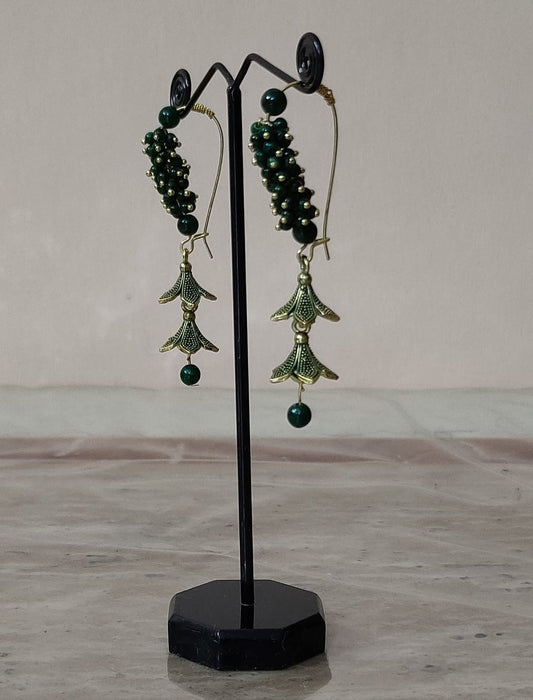 Green Beaded Oxidized Silver Long Dangle Earrings for Women