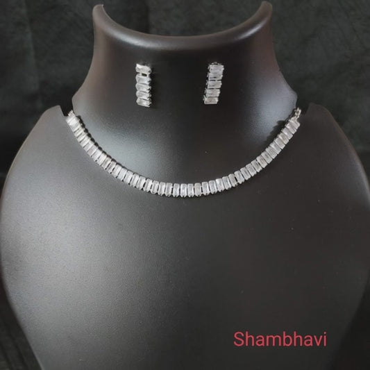 Silver Crystal Necklace Set with Matching Stud Earring